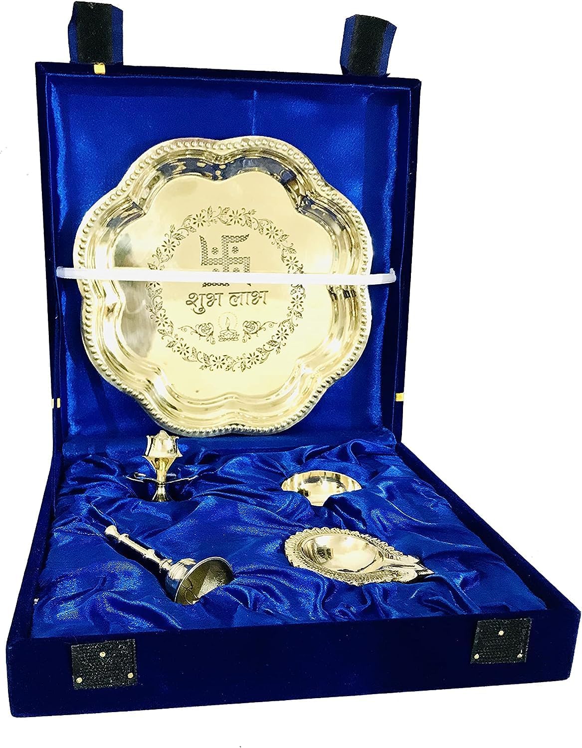 Brass Pooja thali Set Swastik shubh labh (Bell, Jyot, Vati, Aggarbatti Stand)