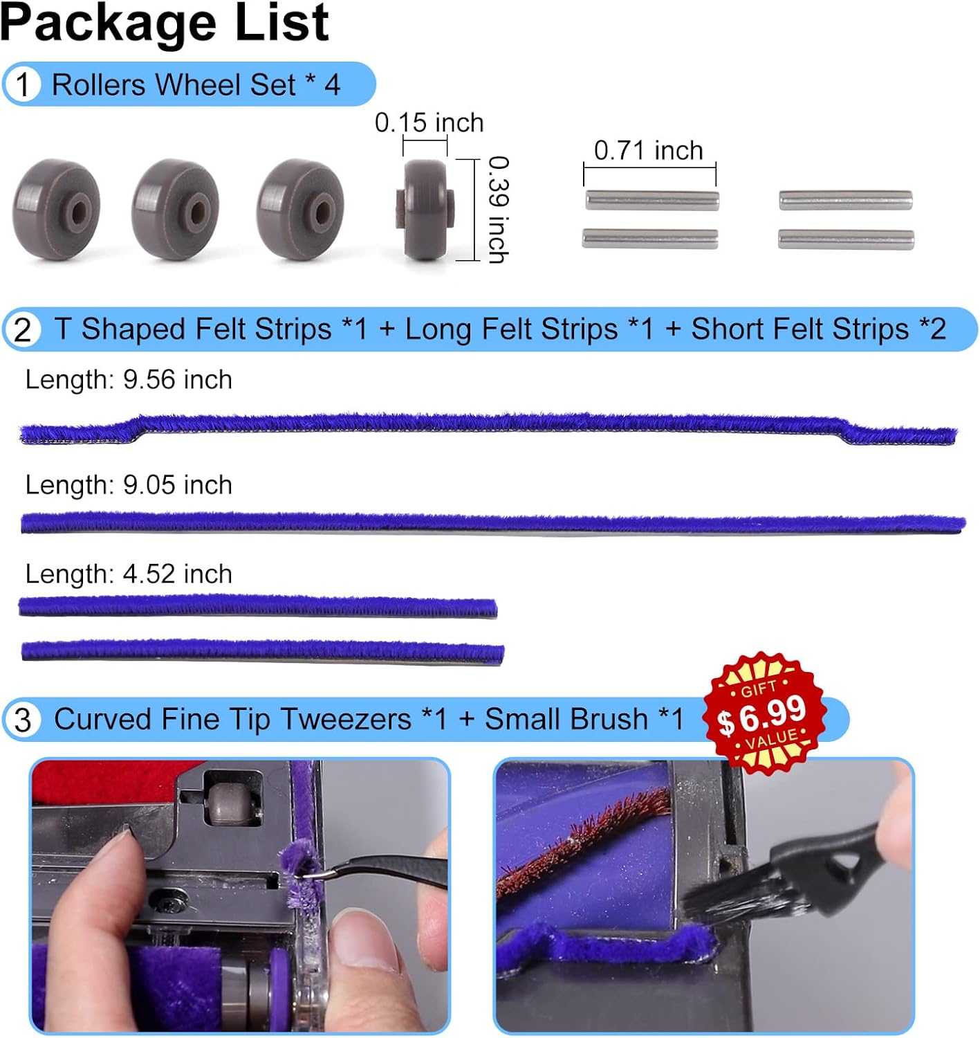 Plush Strips + Rollers Wheel + Axles Replacement for Dyson V6 V7 V8 V10 V11 DC62 - Image 6