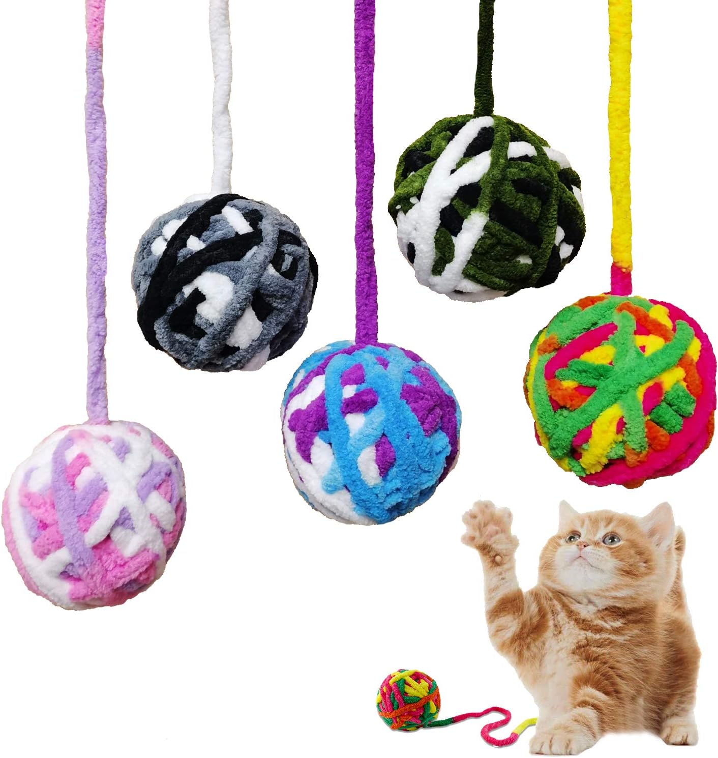 Cat Toy Balls - 5 PCS Colorful Yarn Cat Balls Built-in Bell Cat Toys Interactive