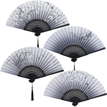 4 PCS Folding Fan Handheld Silk Fan with Bamboo Frames for Dancing Cosplay