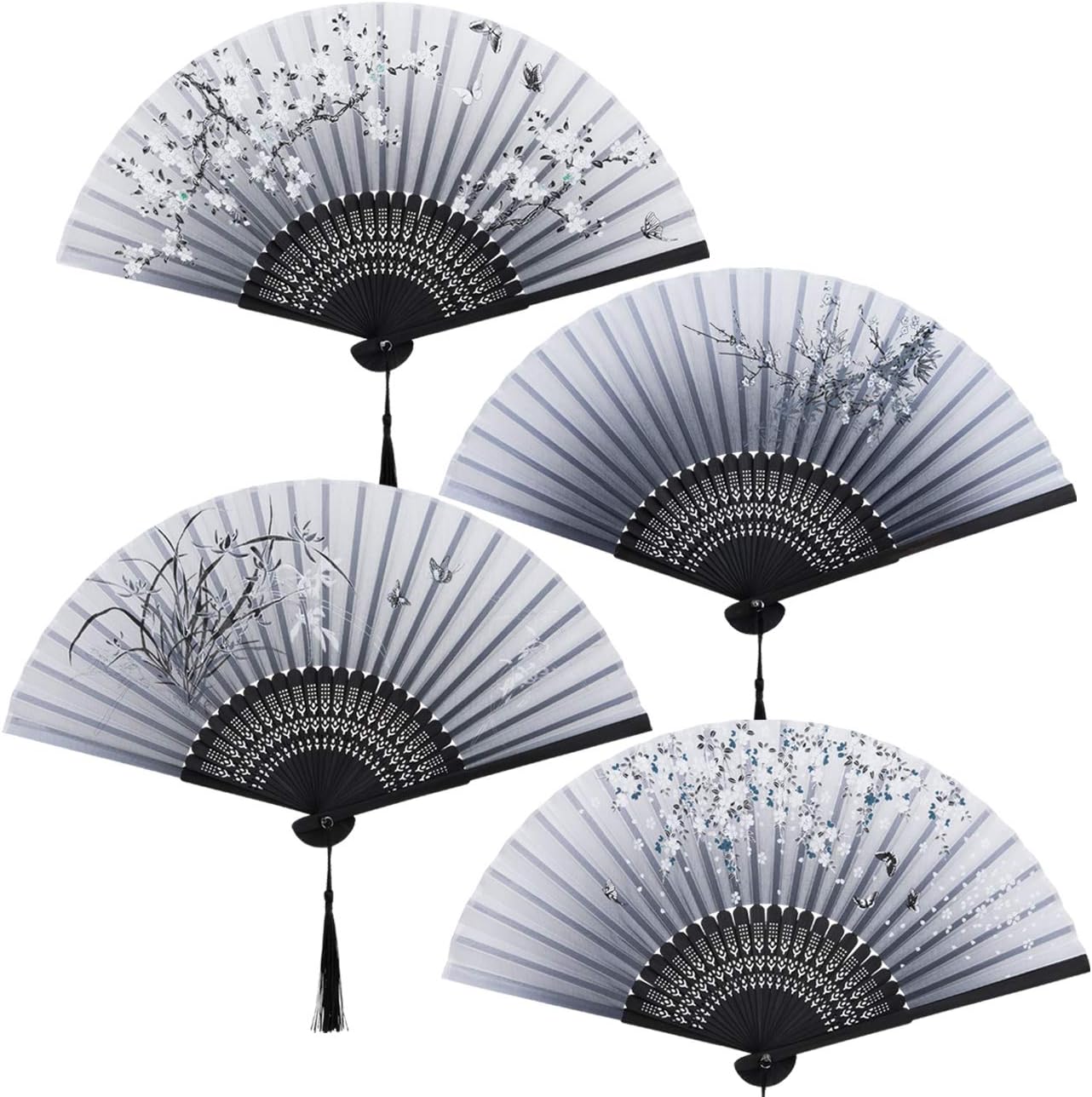 4 PCS Folding Fan Handheld Silk Fan with Bamboo Frames for Dancing Cosplay