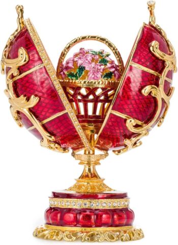 Faberge Style Spring Flowers Egg/Music Box with Basket of Flowers 16,5 cm red
