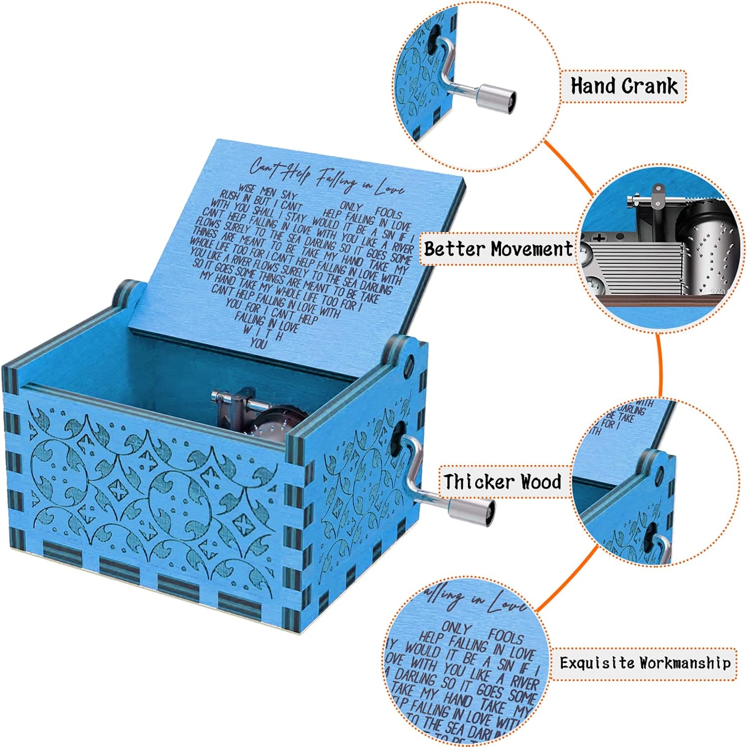 Blue Hand Crank Wood Can't Help Falling in Love Wood Music Box Tiny - Image 2