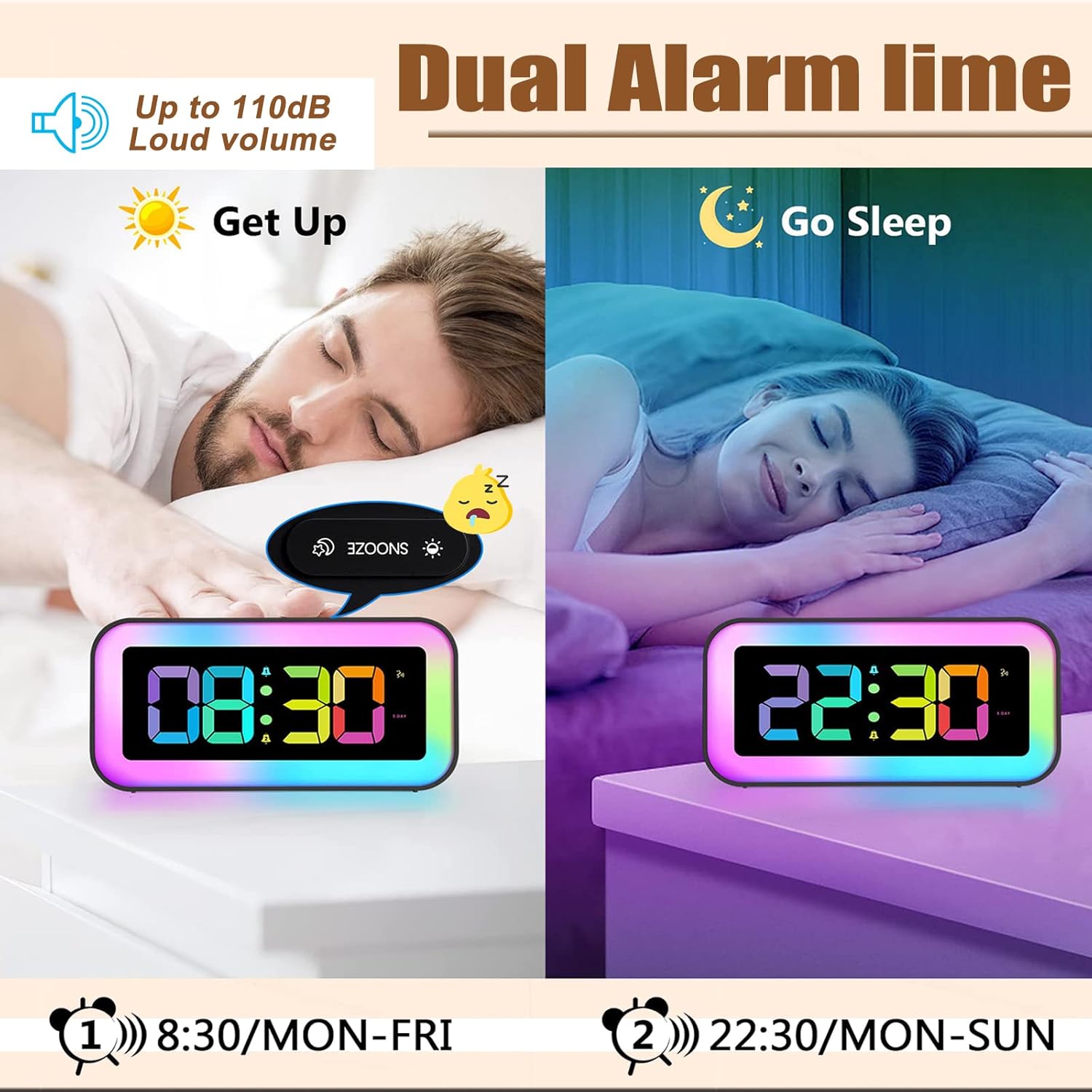RGB Alarm Clock with Smart Night Light, Adjustable Brightness, Dual Alarm,Sound - Image 7