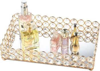 Crystal Beads Tray Mirror Cosmetic Tray Rectangle Gold Mirro Tray Jewelry Holder