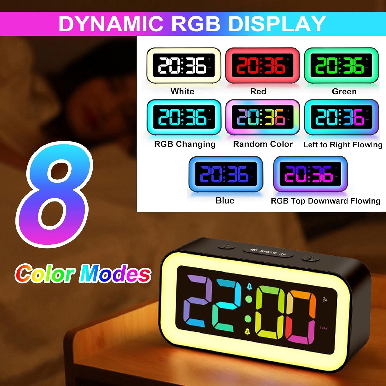 Super Loud Digital Alarm Clock, Dynamic RGB Smart Night Light, Adjustable Dimmer - Image 3