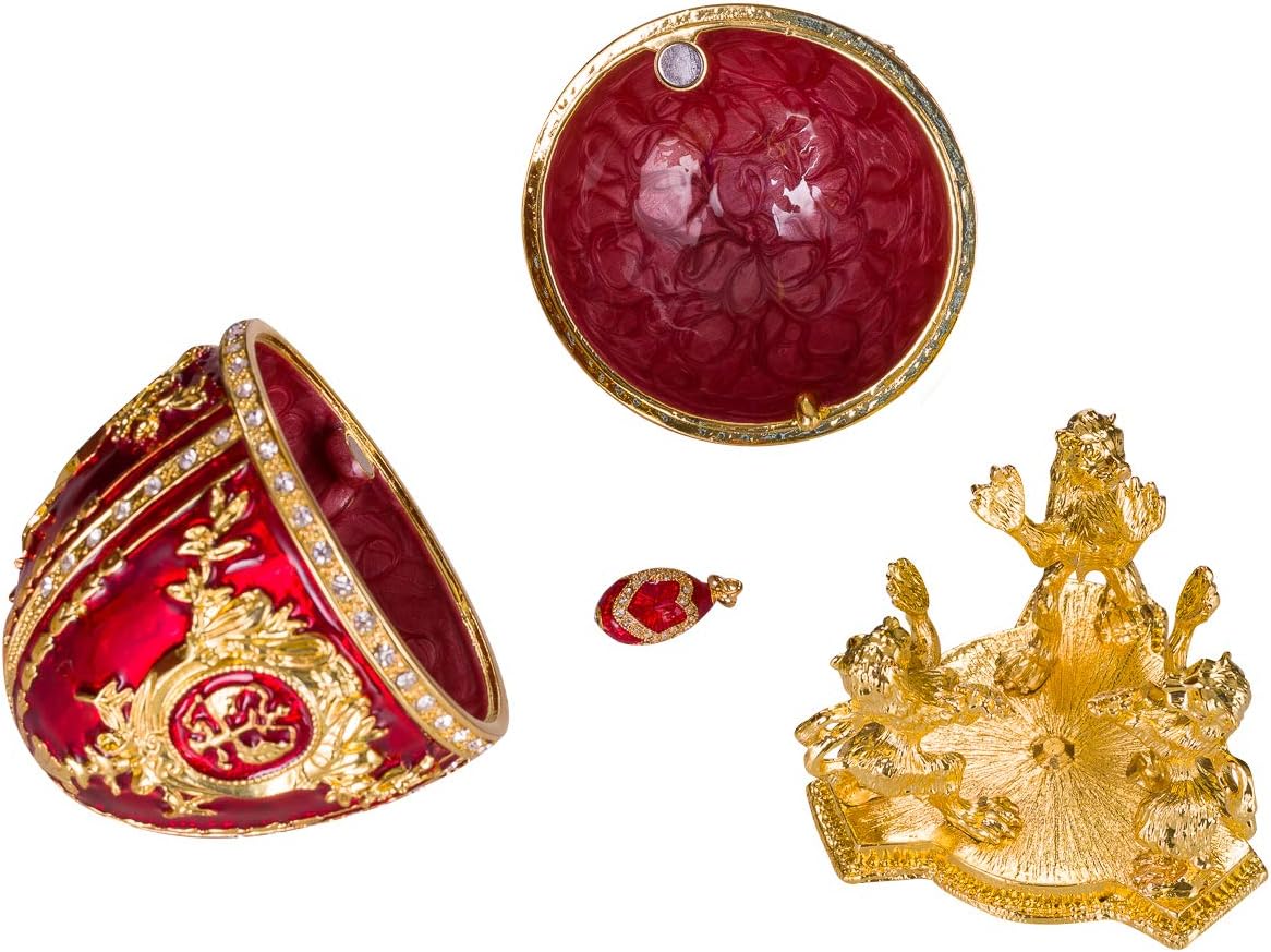 Faberge Style Egg/Trinket Jewel Box with Lions & pendant 15,5 cm red - Image 5