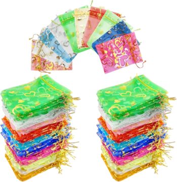 100 Pcs Organza Bags, 9x12cm Random Patterns Colors Sheer Drawstring Gift Bags