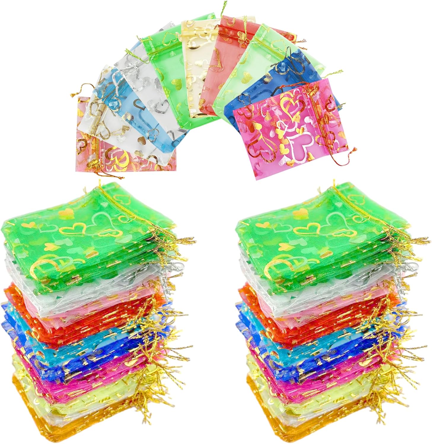 100 Pcs Organza Bags, 9x12cm Random Patterns Colors Sheer Drawstring Gift Bags