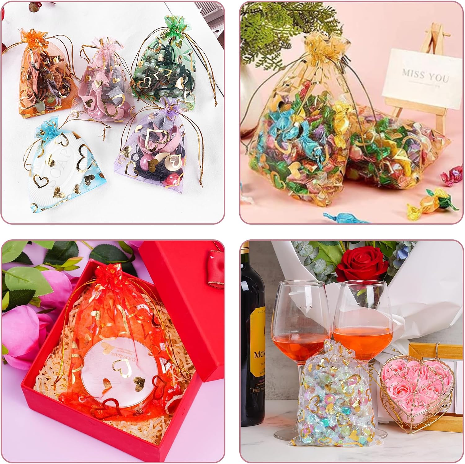 100 Pcs Organza Bags, 9x12cm Random Patterns Colors Sheer Drawstring Gift Bags - Image 6