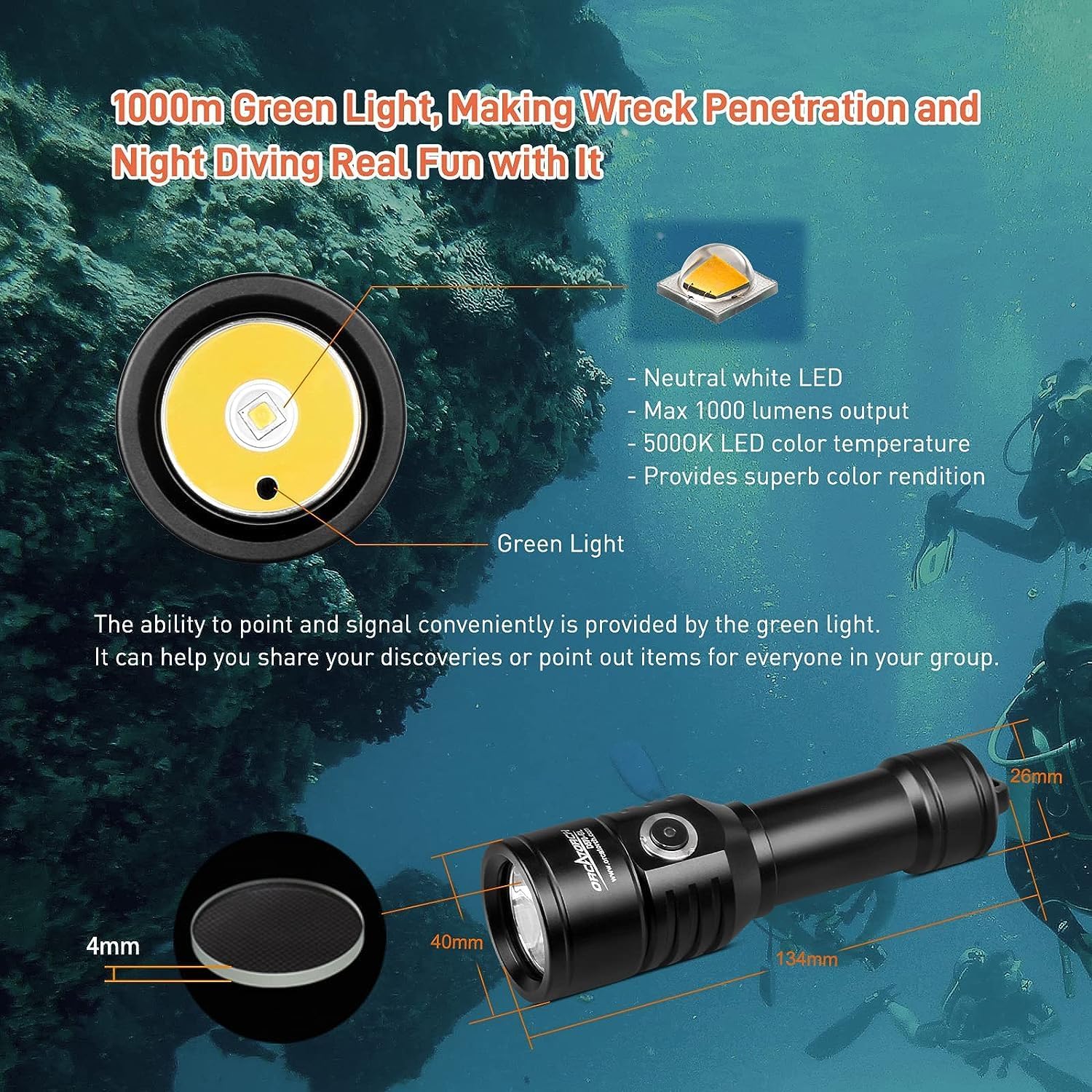 2-in-1 Scuba Diving Safety Light with 1000 Lumens White Beam, 1000 Meters - Image 4
