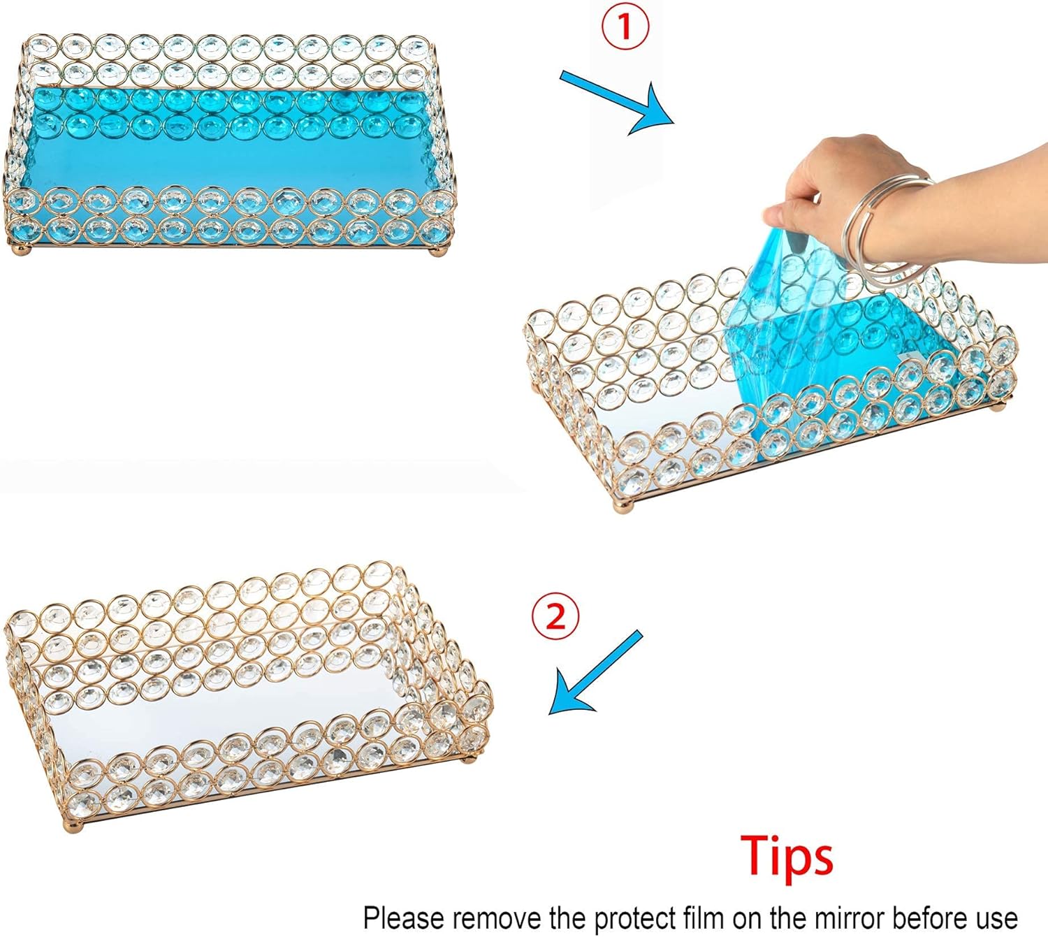 Crystal Beads Tray Mirror Cosmetic Tray Rectangle Gold Mirro Tray Jewelry Holder - Image 2