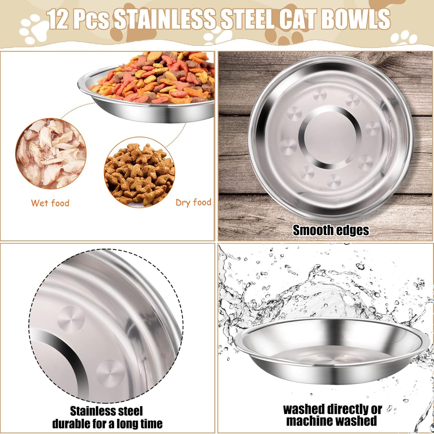 12 Pcs Stainless Steel Cat Bowls Shallow Food Metal and Water Dish - Image 3