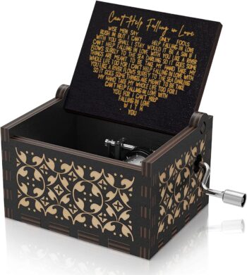 Can’t Help Falling in Love Music Box Black Hand Crank Vintage Wood Carved