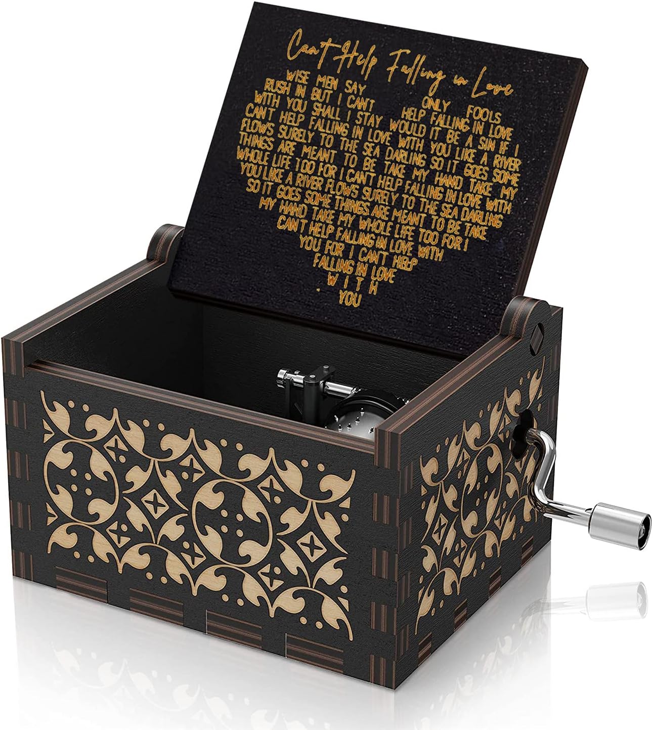 Can’t Help Falling in Love Music Box Black Hand Crank Vintage Wood Carved
