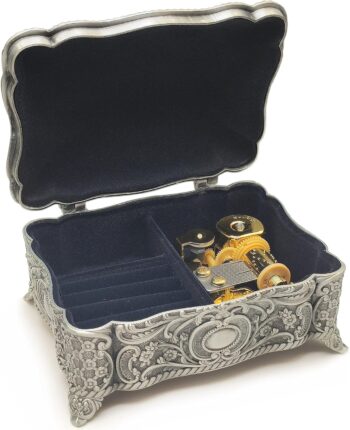Antique Emboss Alloy Metal Jewelry Music Box Wind Up and Golden Movement Music