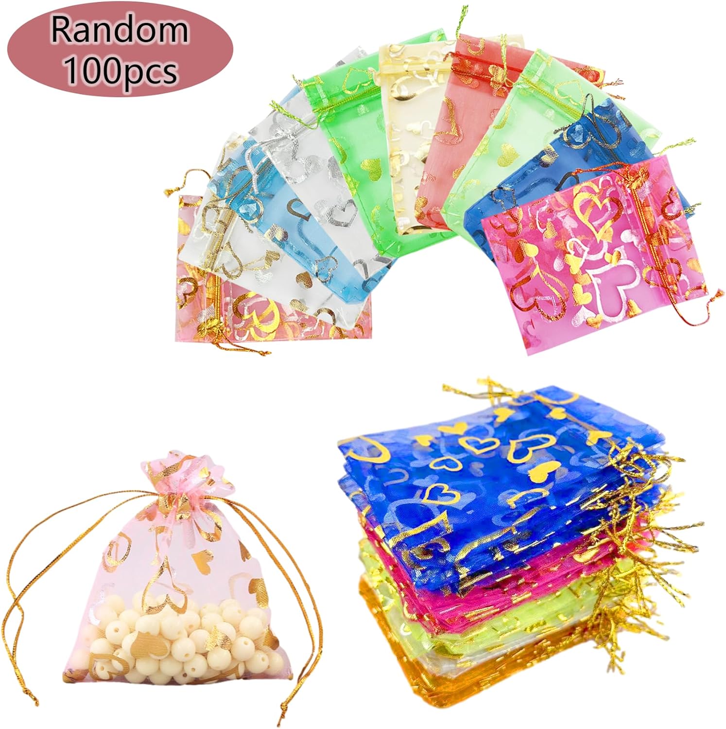 100 Pcs Organza Bags, 9x12cm Random Patterns Colors Sheer Drawstring Gift Bags - Image 2