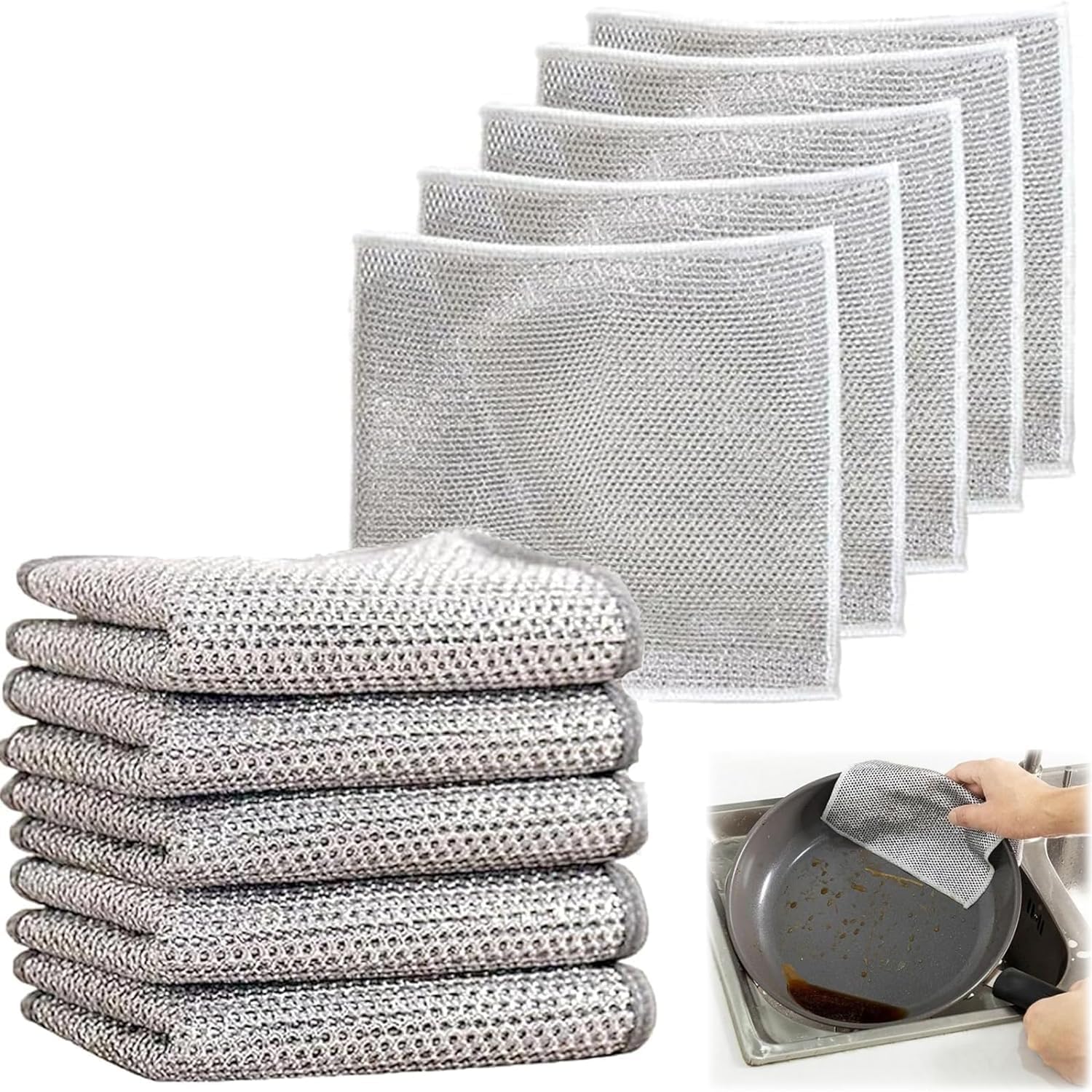 5PCS Multipurpose Wire Dishwashing Rags for Wet and Dry, Reusable Non-Scratch