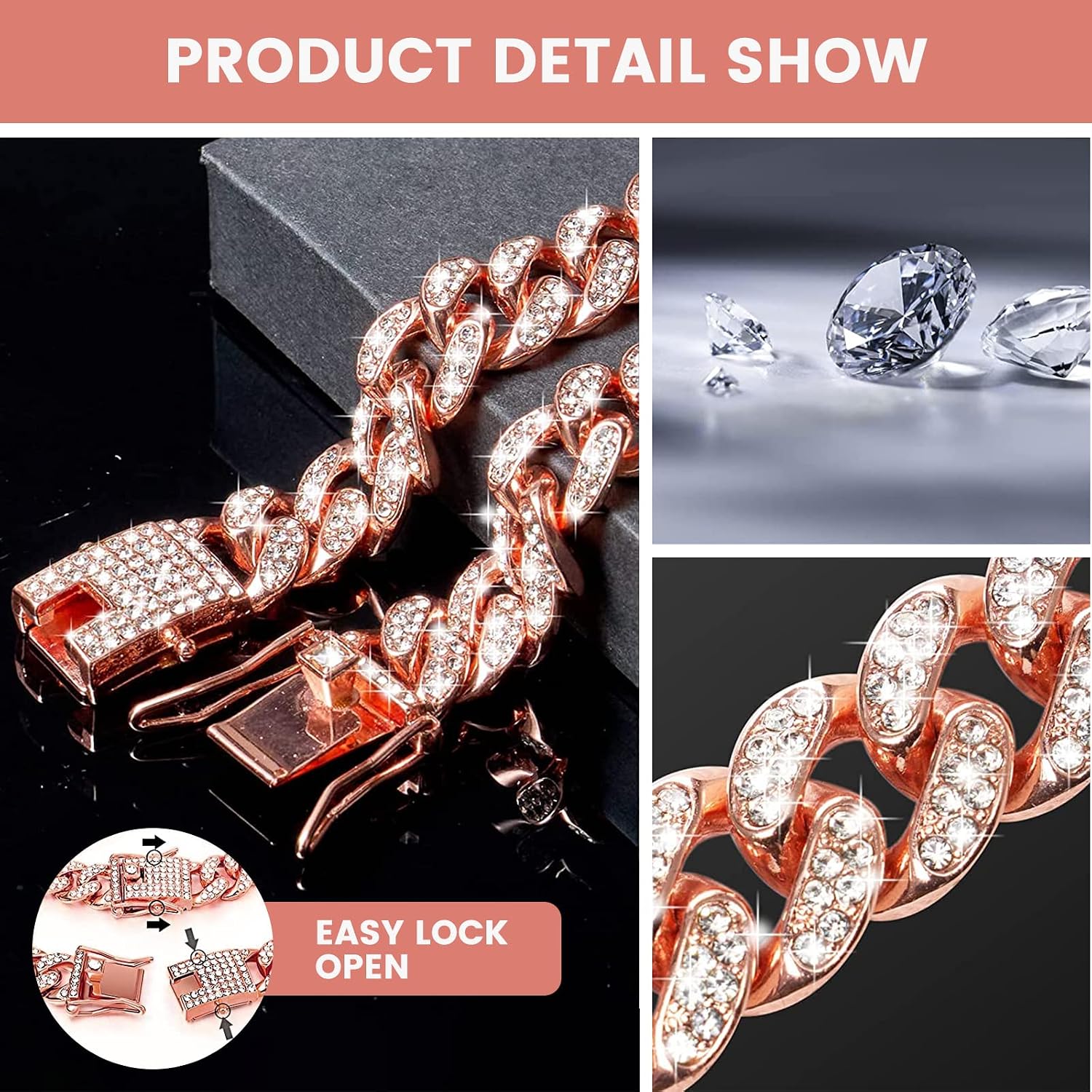 Dog Chain Collar, Diamond Cuban Collar Walking Metal Chain Collar - Image 4