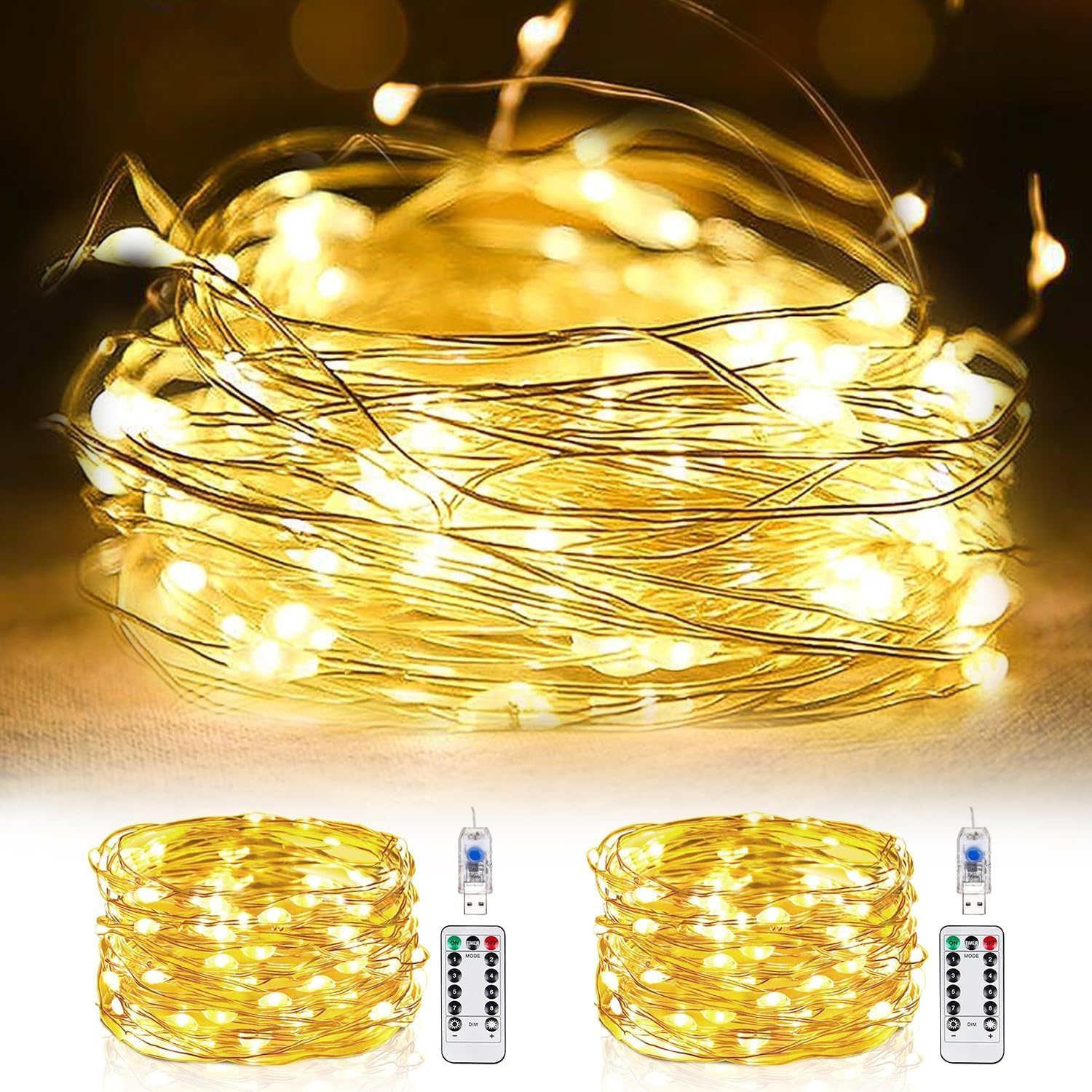Fairy Lights for Bedroom, 2 Pack Total 66ft 200 LED Indoor String Lights USB