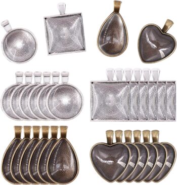 48-Pieces 4 Styles Pendant Trays 24pcs Round & Square & Heart & Teardrop
