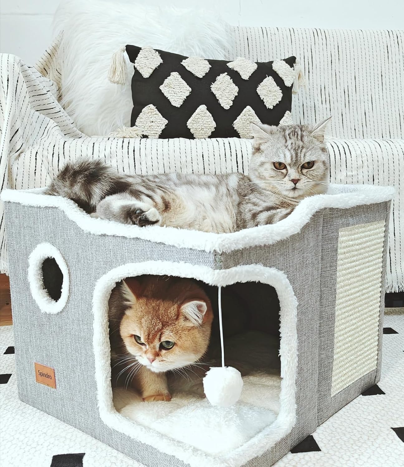 Large Cat Cave Bed for Indoor Cats, Cats Cube House with Scratch Pad Cat Condo - Image 3