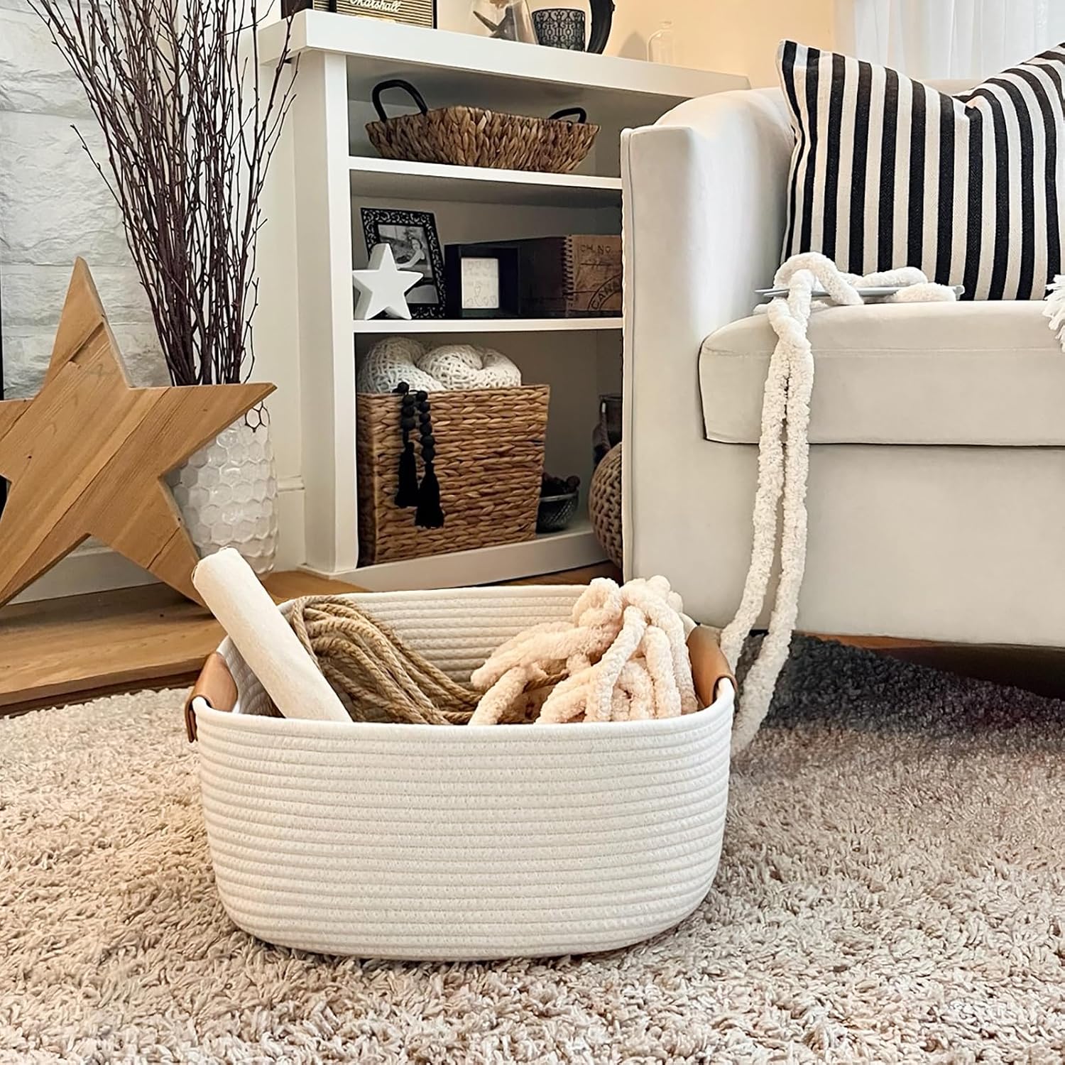 Rectangle Cotton Rope Woven Basket with Handles for Books, Magazines, Toys - Image 4