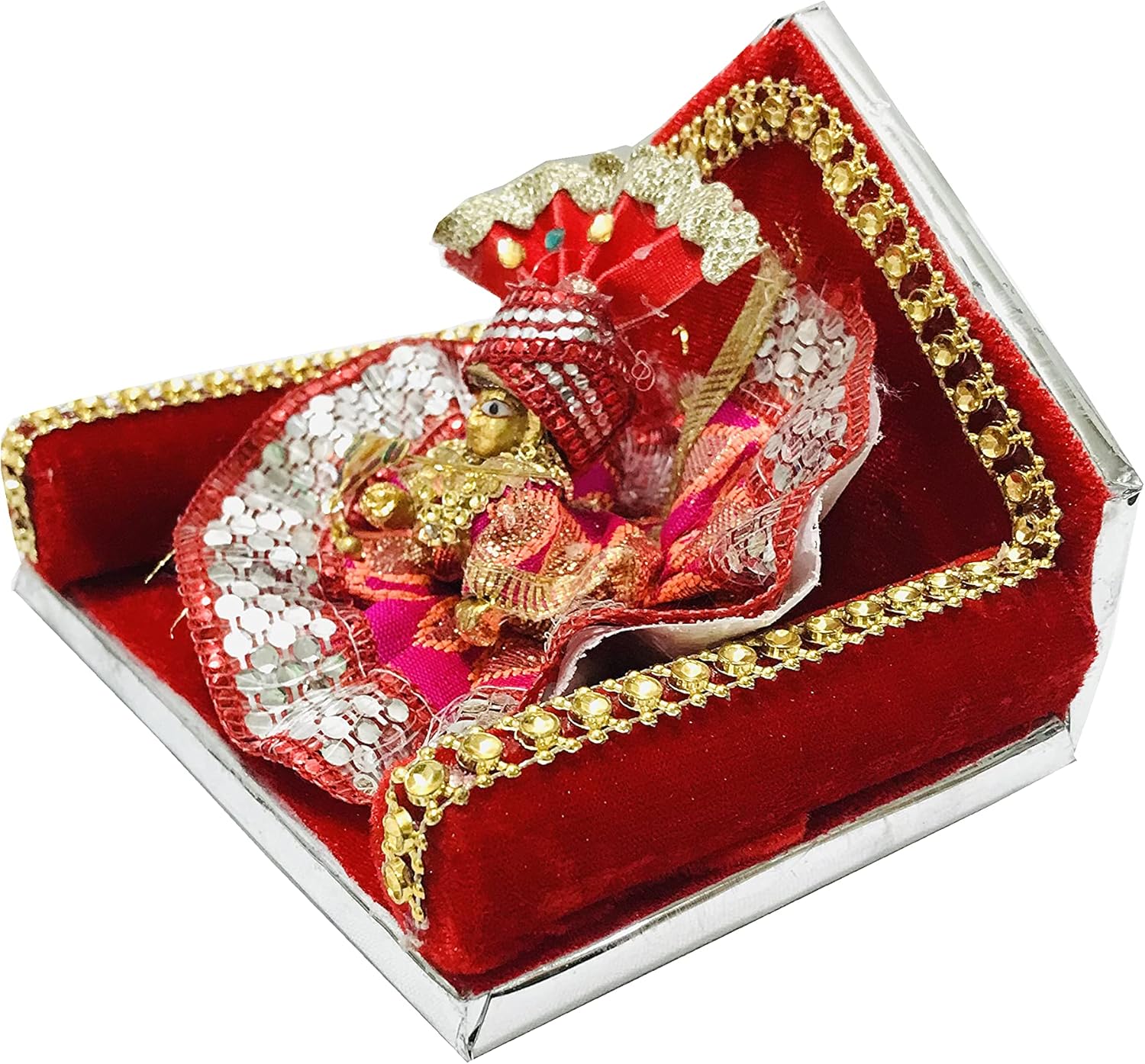 Ladoo Gopal or Bal Gopal Red Gaddi Lord Krishna Aashan with laddo Gopal Cloth - Image 2