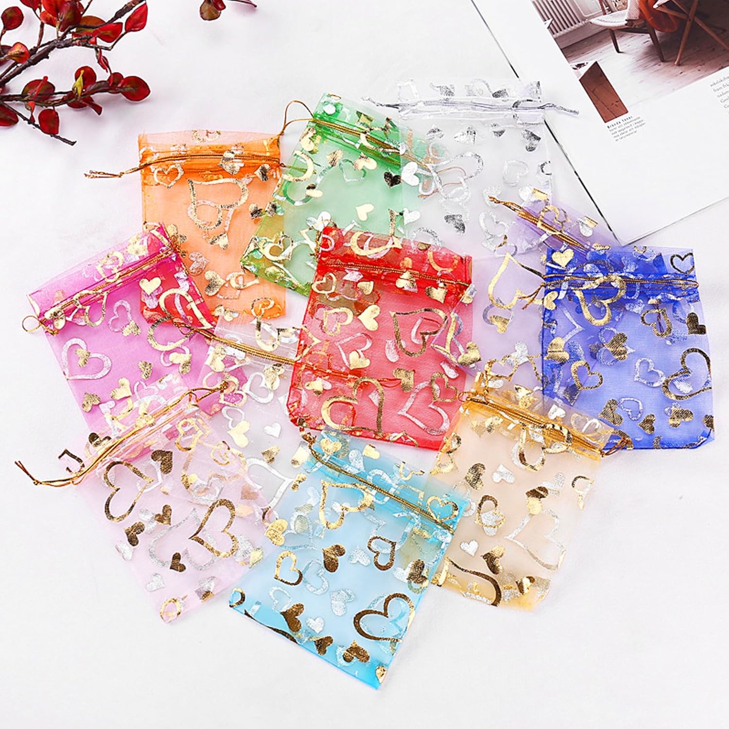 100 Pcs Organza Bags, 9x12cm Random Patterns Colors Sheer Drawstring Gift Bags - Image 5