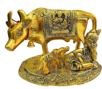 Metal kamdhenu Cow Calf Statue Indian Housewarming Khamdhenu Cow Idol Gau MATA