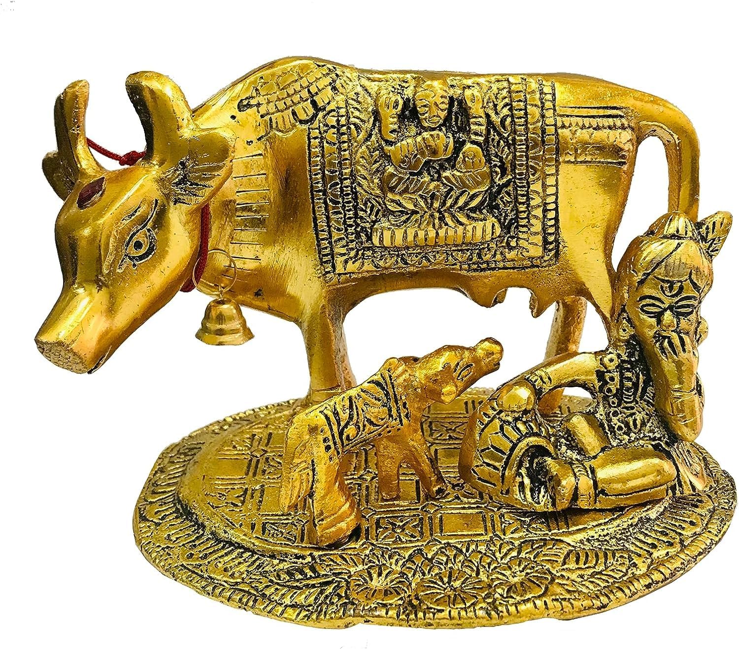 Metal kamdhenu Cow Calf Statue Indian Housewarming Khamdhenu Cow Idol Gau MATA