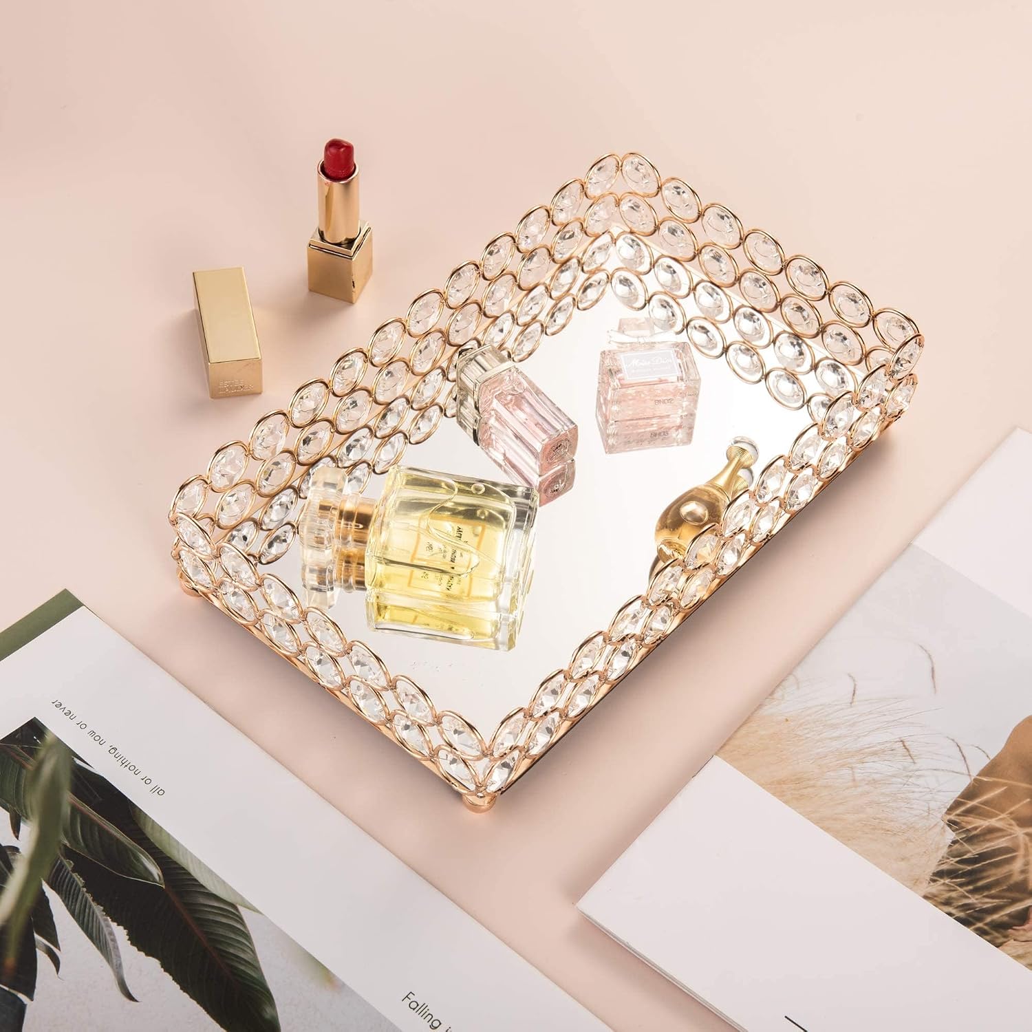 Crystal Beads Tray Mirror Cosmetic Tray Rectangle Gold Mirro Tray Jewelry Holder - Image 7
