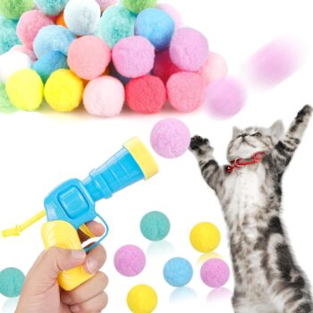 58Pcs Cat Ball Toy Launcher Gun, Cat Balls Fetch Toy, 57Pcs Plush Fuzzy Balls