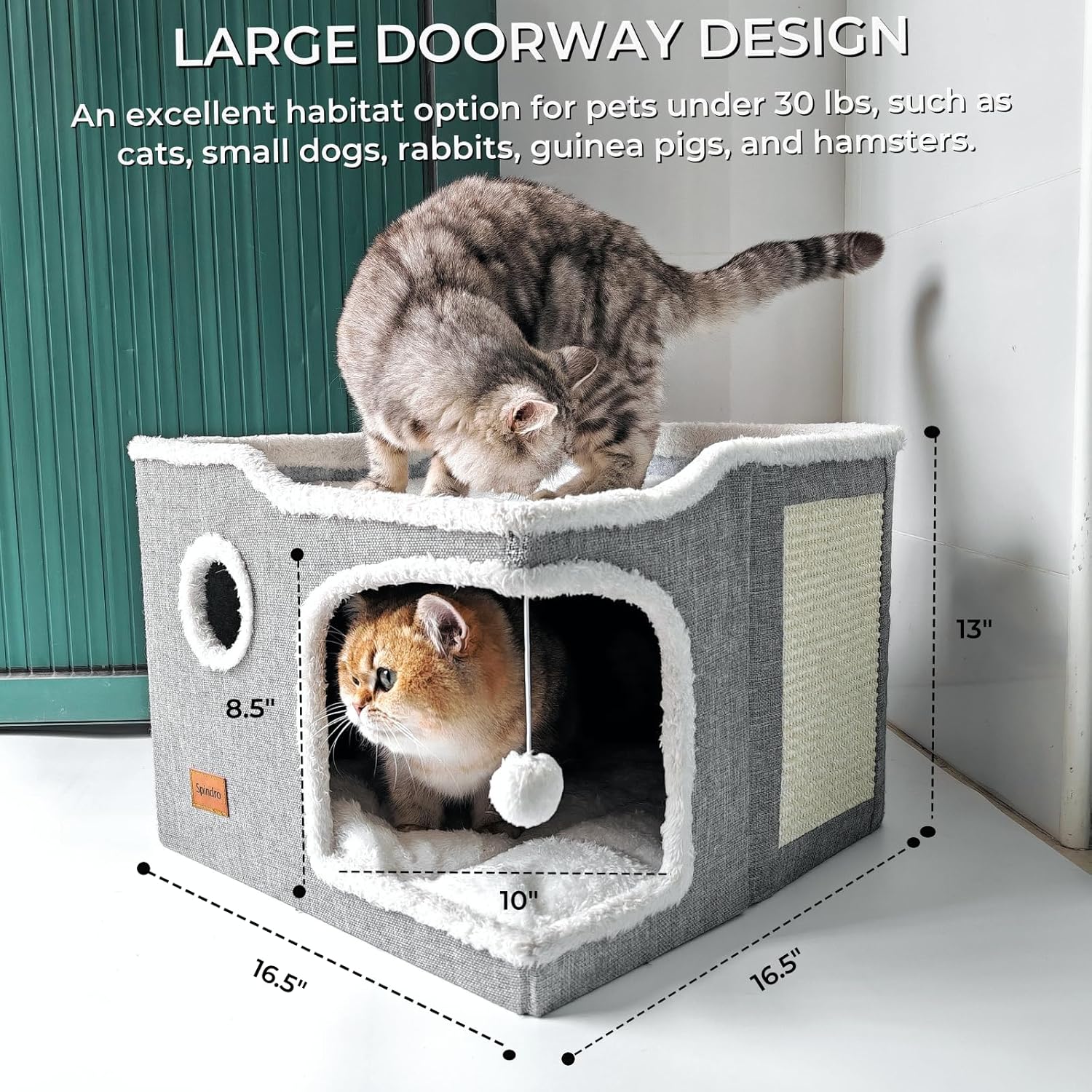 Large Cat Cave Bed for Indoor Cats, Cats Cube House with Scratch Pad Cat Condo - Image 6