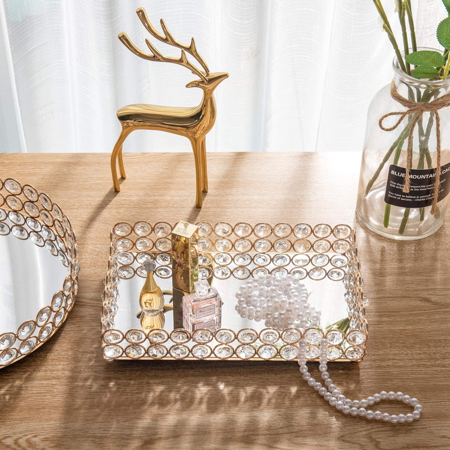 Crystal Beads Tray Mirror Cosmetic Tray Rectangle Gold Mirro Tray Jewelry Holder - Image 8