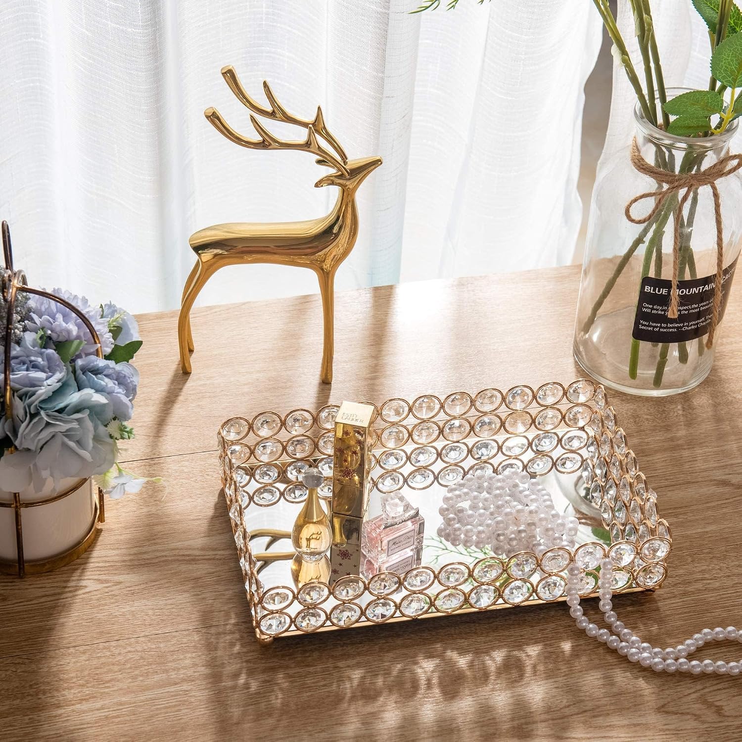 Crystal Beads Tray Mirror Cosmetic Tray Rectangle Gold Mirro Tray Jewelry Holder - Image 5