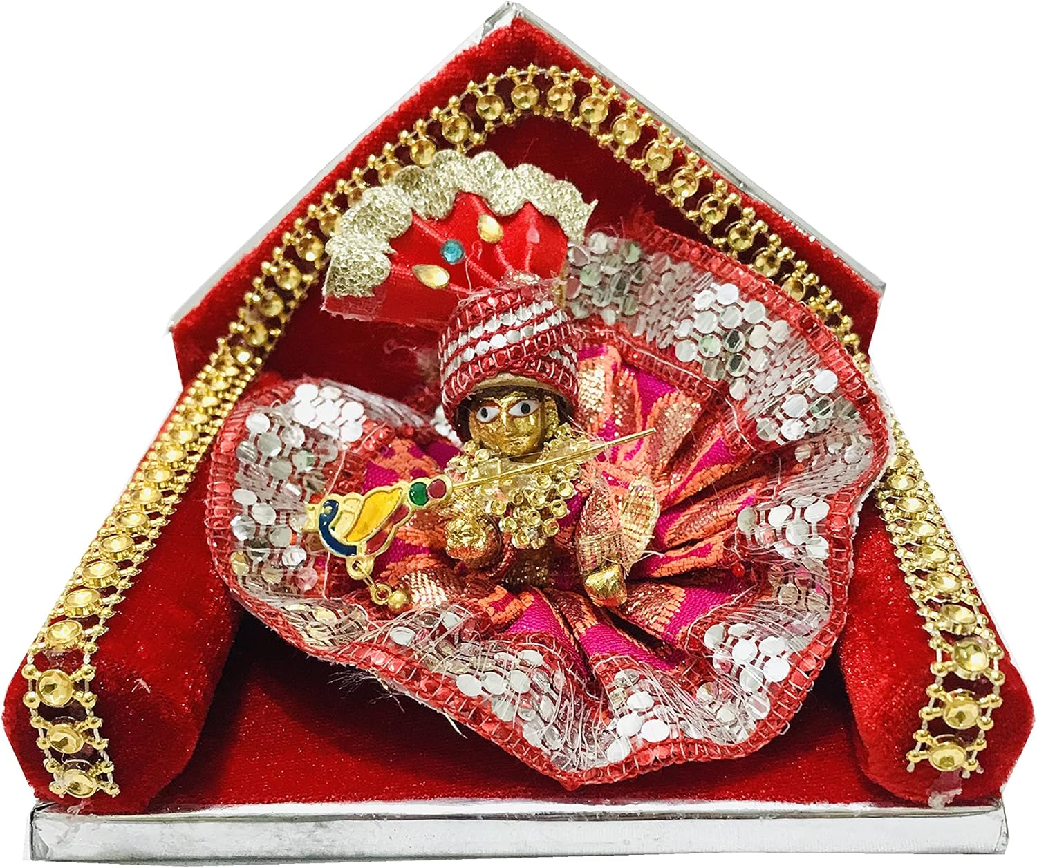 Ladoo Gopal or Bal Gopal Red Gaddi Lord Krishna Aashan with laddo Gopal Cloth